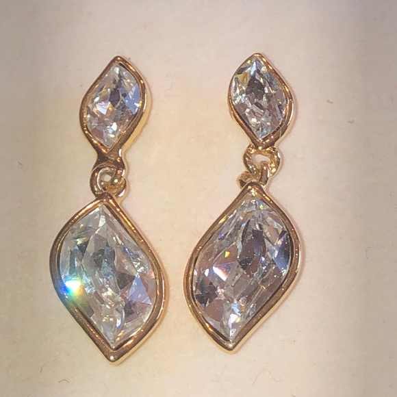 Trifari Jewelry - Trifari Gold Tone CZ Rhinestones Dangling Classic Vintage Pierced Earrings